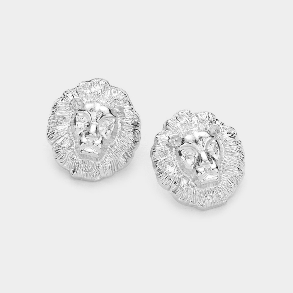 Silver Lion Head Metal Stud Lion Earrings